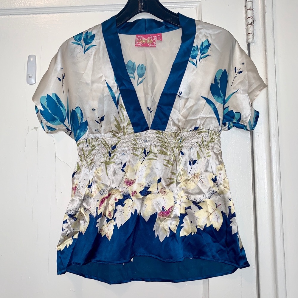 Anthropologie Yumi Kim Kimono Blue Floral Silk Blouse Small